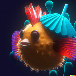 6 - 3D render of a cute tropical fish in an aquarium on a dark blue background, digital art