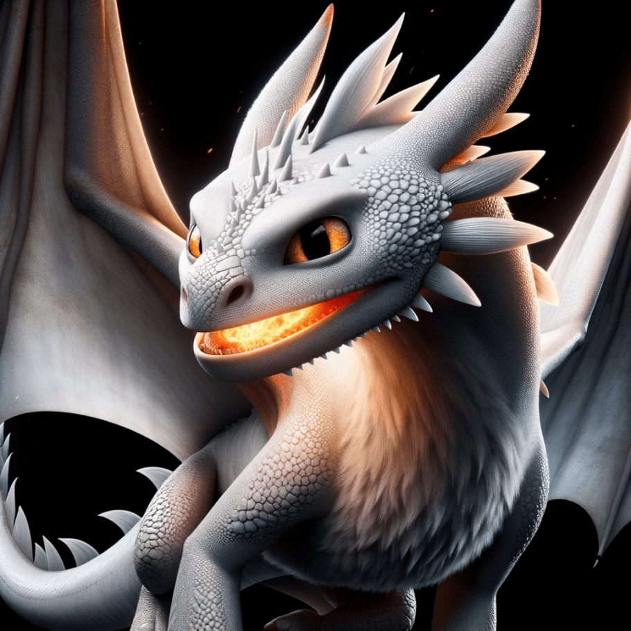 Light Fury, the radiant white dragon from "How to Train Your Dragon," glowing brightly with her sleek design and mystical aura.