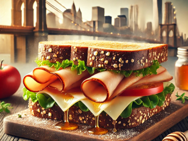 Realistic honey turkey cheese sandwich nyc style png on artisanal rye bread with melted Swiss cheese, fresh lettuce, and tomato, set against a blurred NYC skyline.