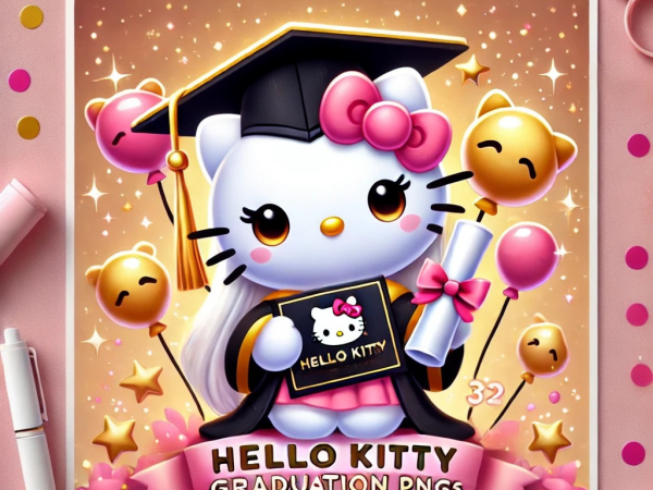 Hello Kitty graduation PNG featuring Hello Kitty in a cap and gown, holding a diploma with pink and gold confetti, balloons, and a festive graduation banner.