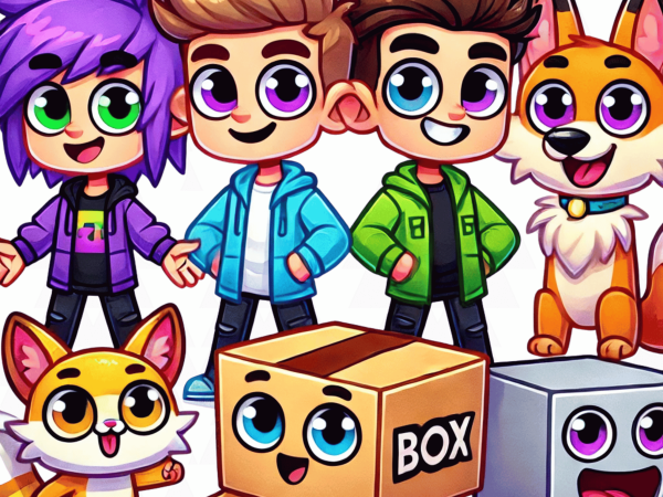 LankyBox characters PNG with Justin, Adam, Boxy, Foxy, and Rocky in cartoon style