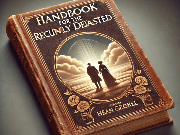 Handbook for the Recently Deceased PNG with a vintage, worn-out leather cover and eerie gold lettering.