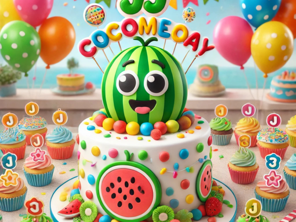 A vibrant Cocomelon-themed birthday cake featuring a JJ topper, surrounded by balloons and cupcakes.